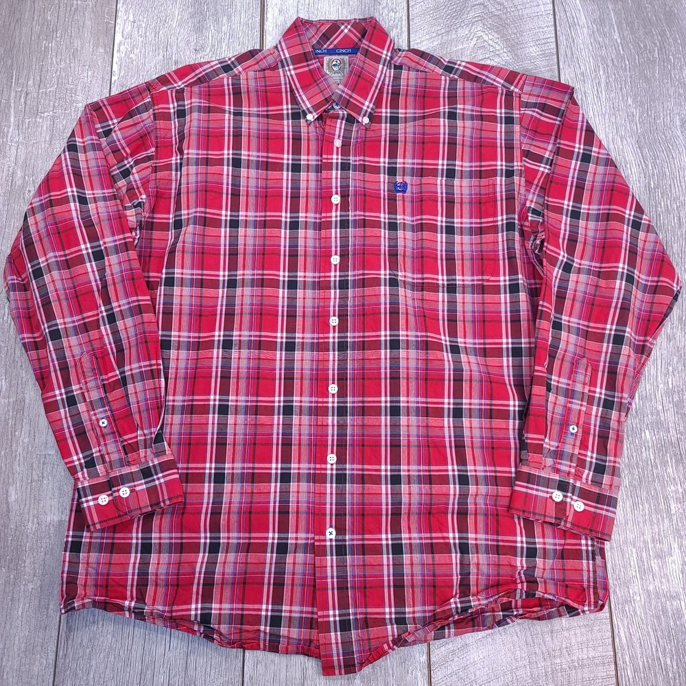 Cinch Shirt Mens Medium Western Red Black Plaid Button Long Sleeve Rodeo Top